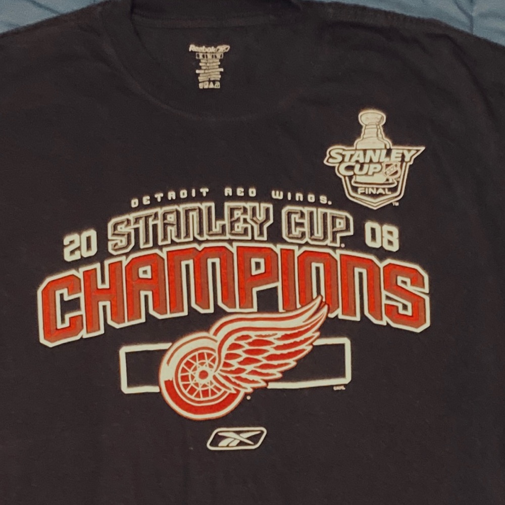 DETROIT RED WINGS Stanley Cup Champions Black T-Shirt X-Large Reebok 100% Cotton - Picture 8 of 9